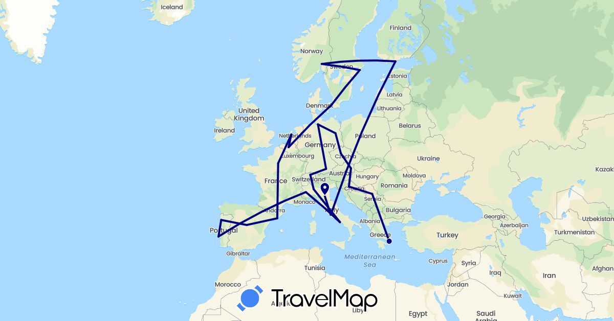 TravelMap itinerary: driving in Austria, Belgium, Switzerland, Czech Republic, Germany, Denmark, Spain, Finland, France, Greece, Croatia, Italy, Netherlands, Norway, Portugal, Serbia, Sweden (Europe)
